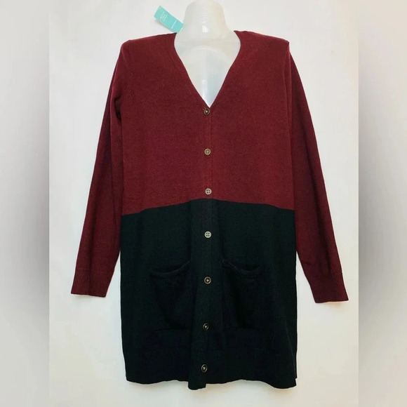 Maurices Black Maroon Color Block Long Cardigan Sweater Womwn Size Small Stretch - Picture 1 of 7